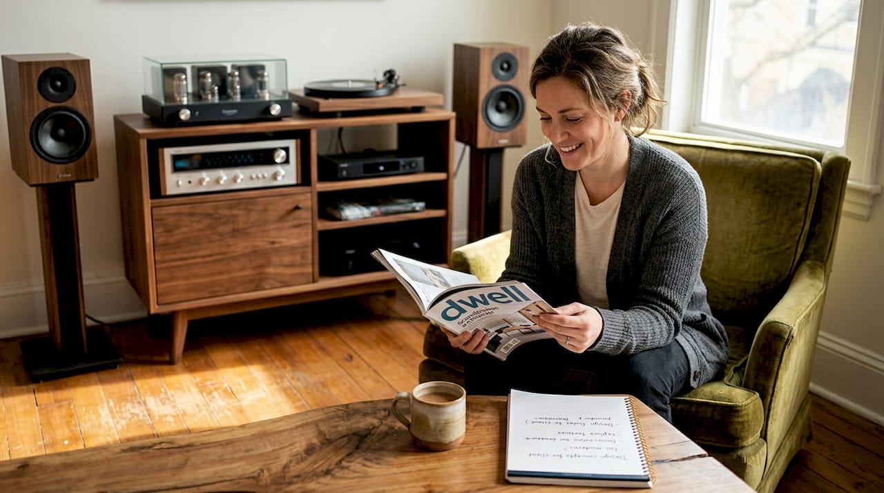 Listening room with designer audio furniture setup