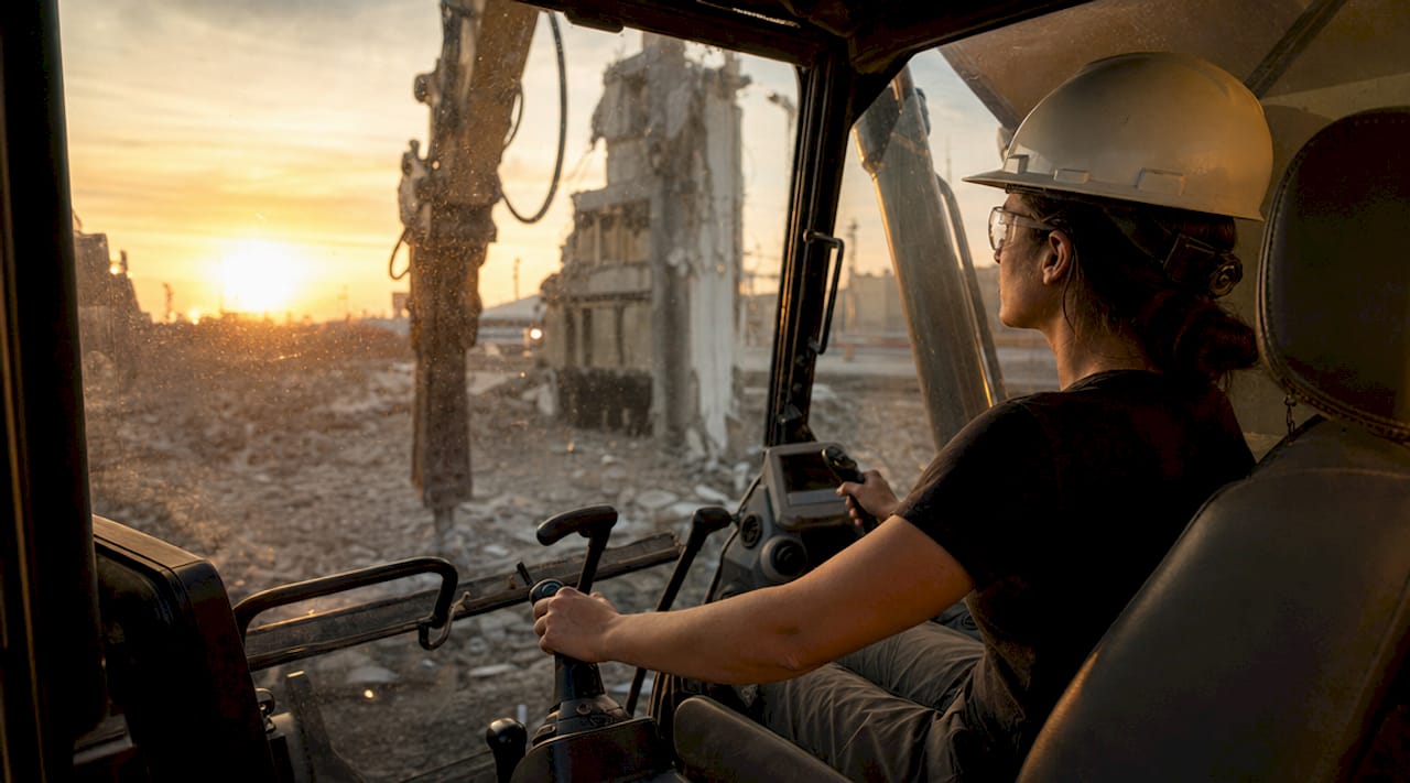 Excavator operator controlling demolition machinery