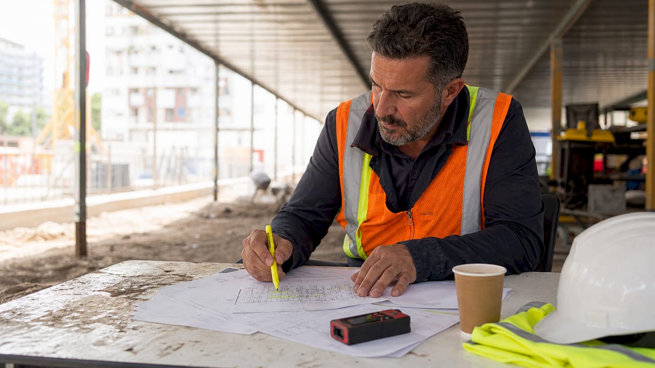 Engineer reviewing demolition methods in site office