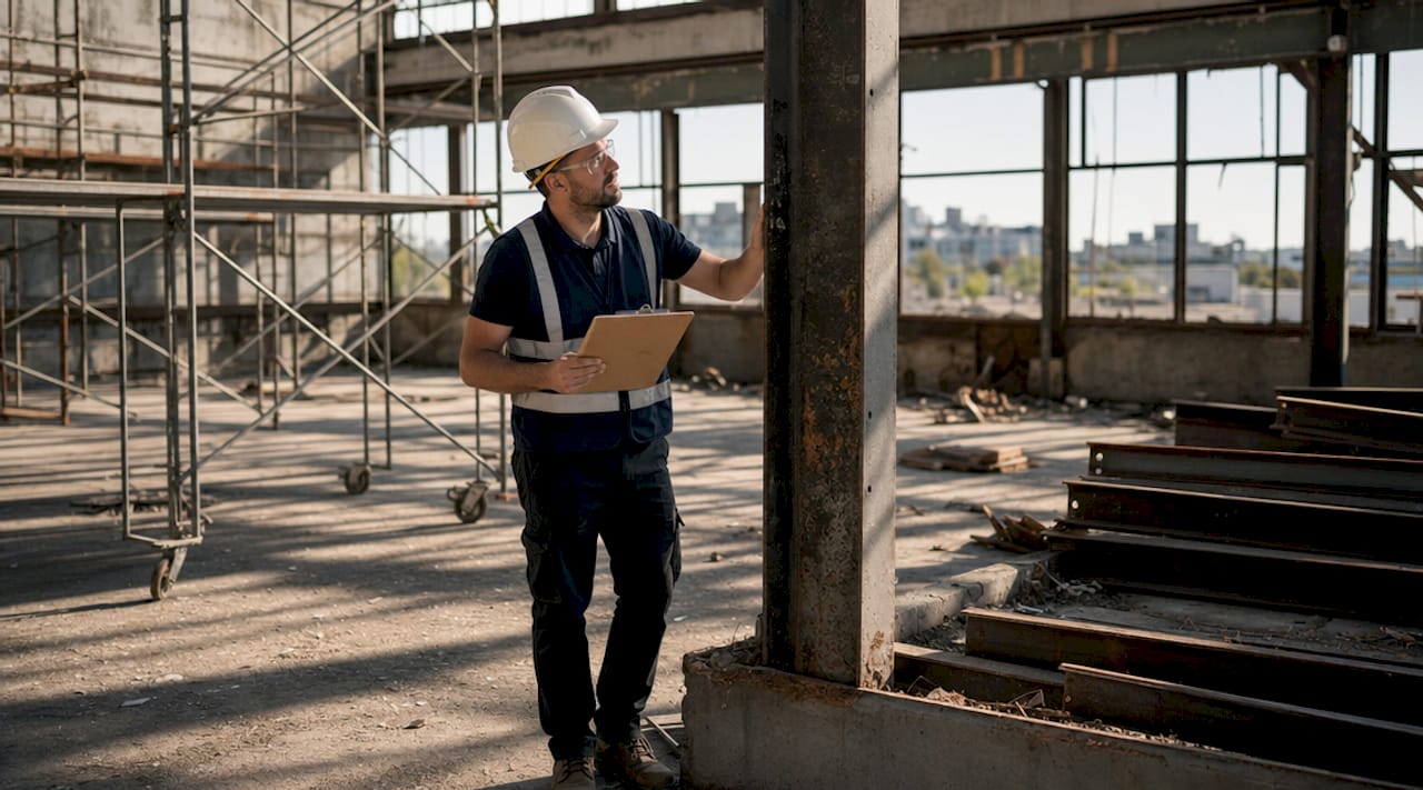 Structural engineer inspecting load-bearing beam