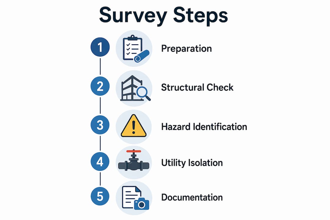 Infographic showing five key steps in pre-demolition survey