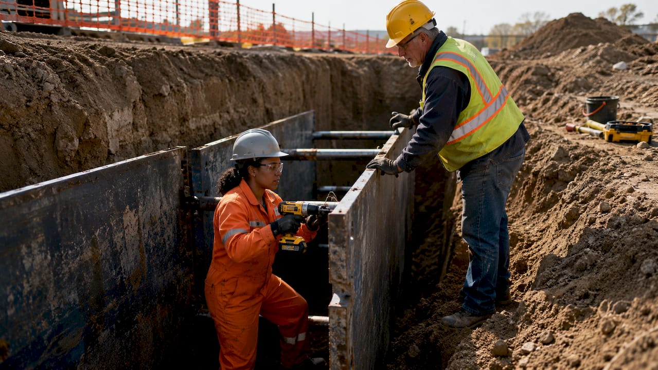 Workers installing trench protective panels