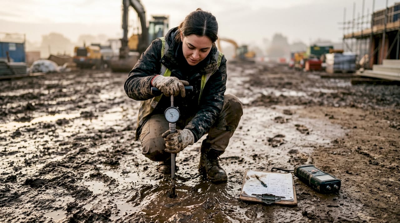 Hands testing saturated clay soil at construction site
