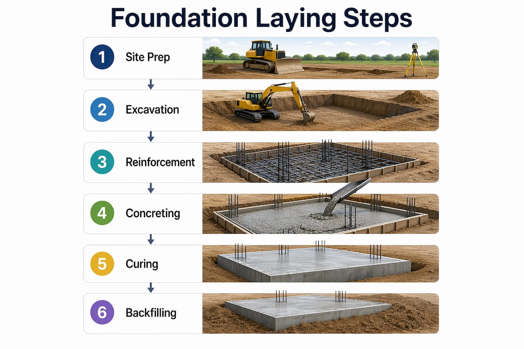 Infographic showing foundation laying step-by-step process