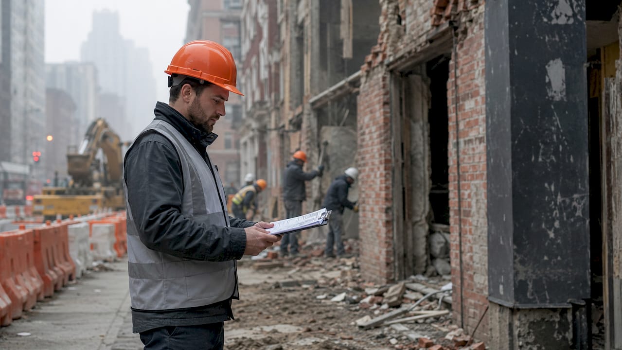 Engineer assessing demolition site with clipboard