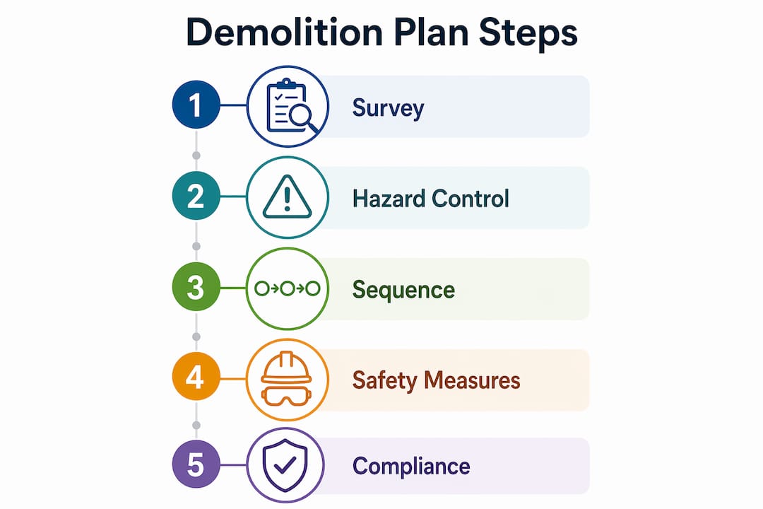 Infographic showing numbered steps of a demolition plan