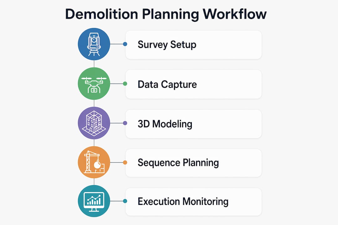 Infographic outlining demolition planning workflow with drones and LiDAR