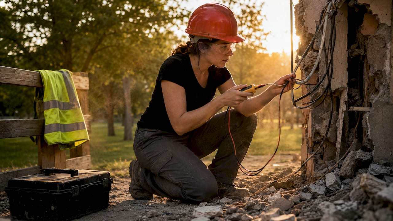 Technician testing utilities at demolition site