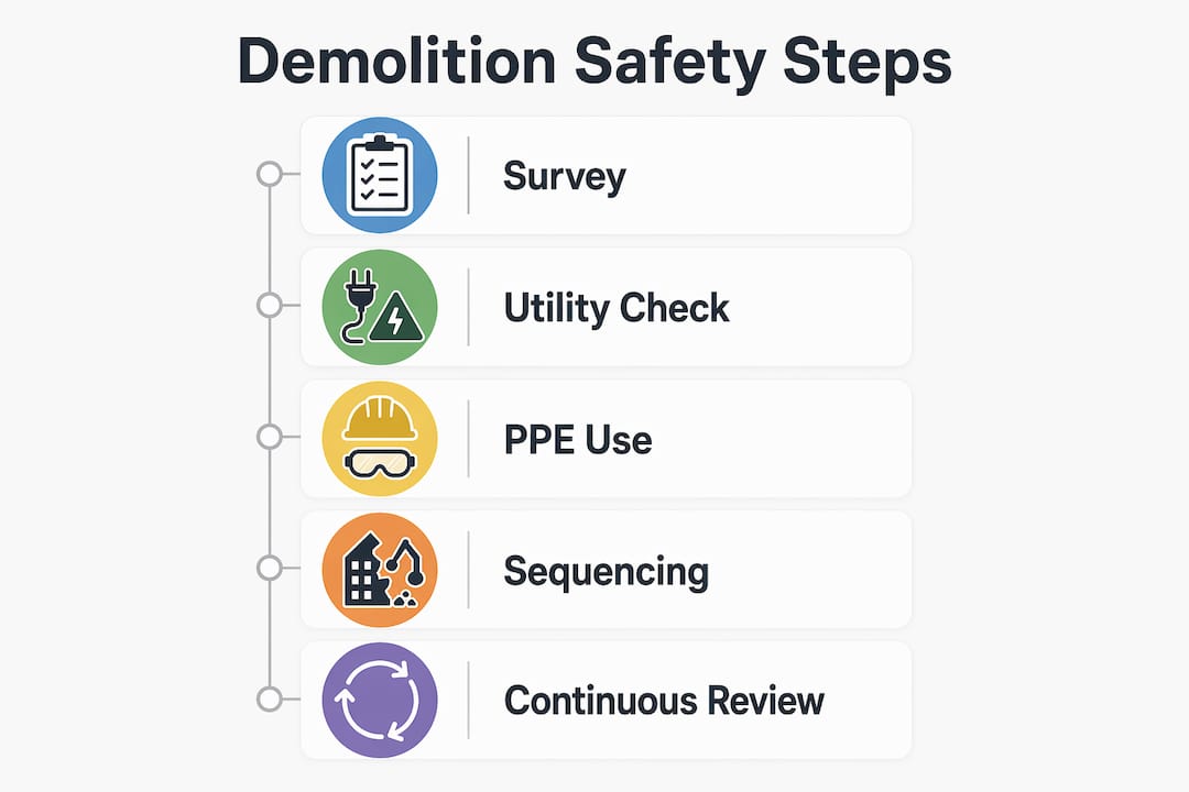 Infographic depicting key demolition safety steps