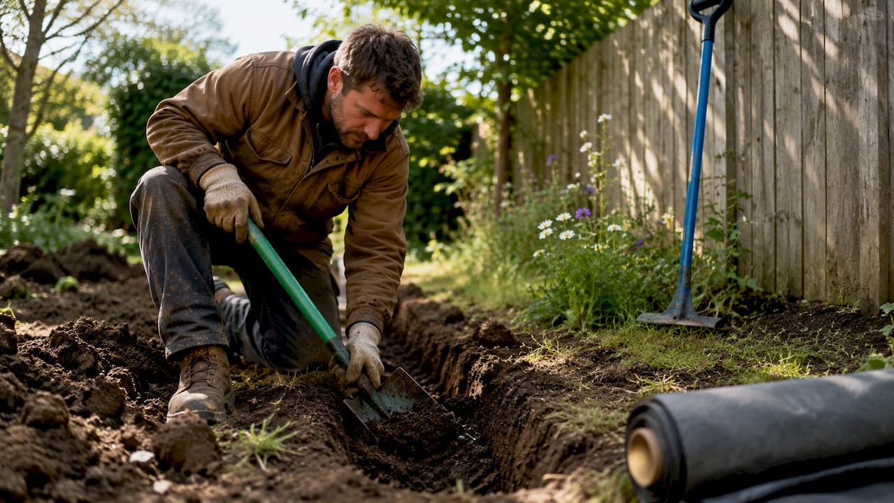Landscaper excavating drainage trench with spade