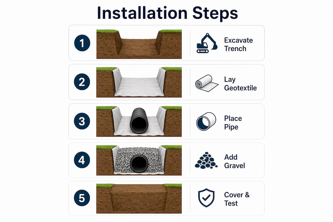 Infographic summarizing drainage installation steps