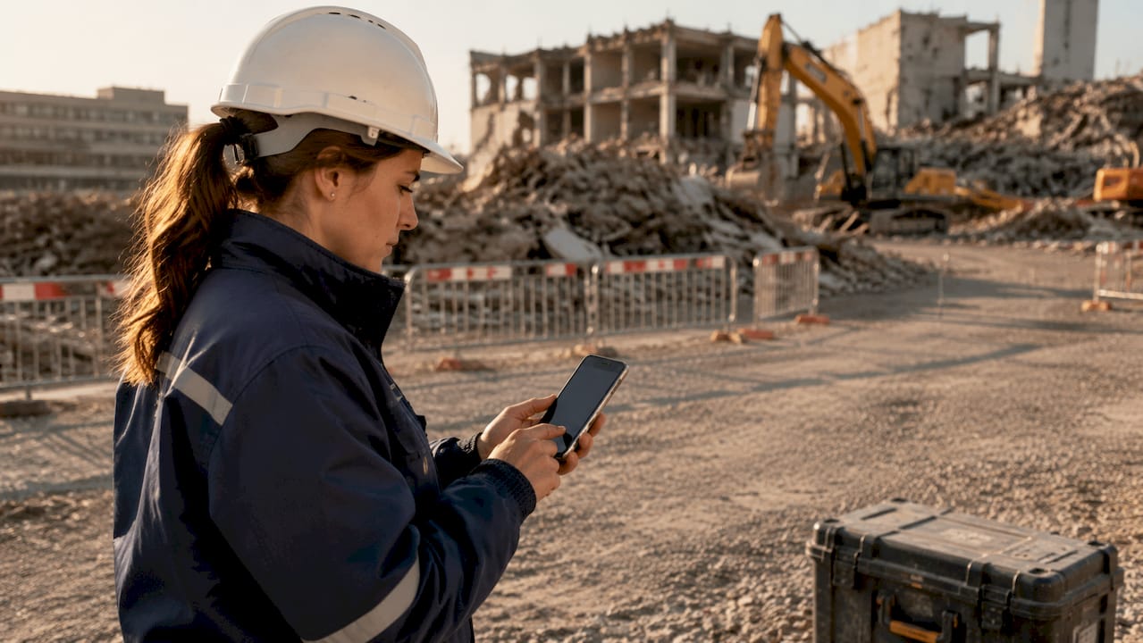 Construction manager submitting digital incident report on smartphone