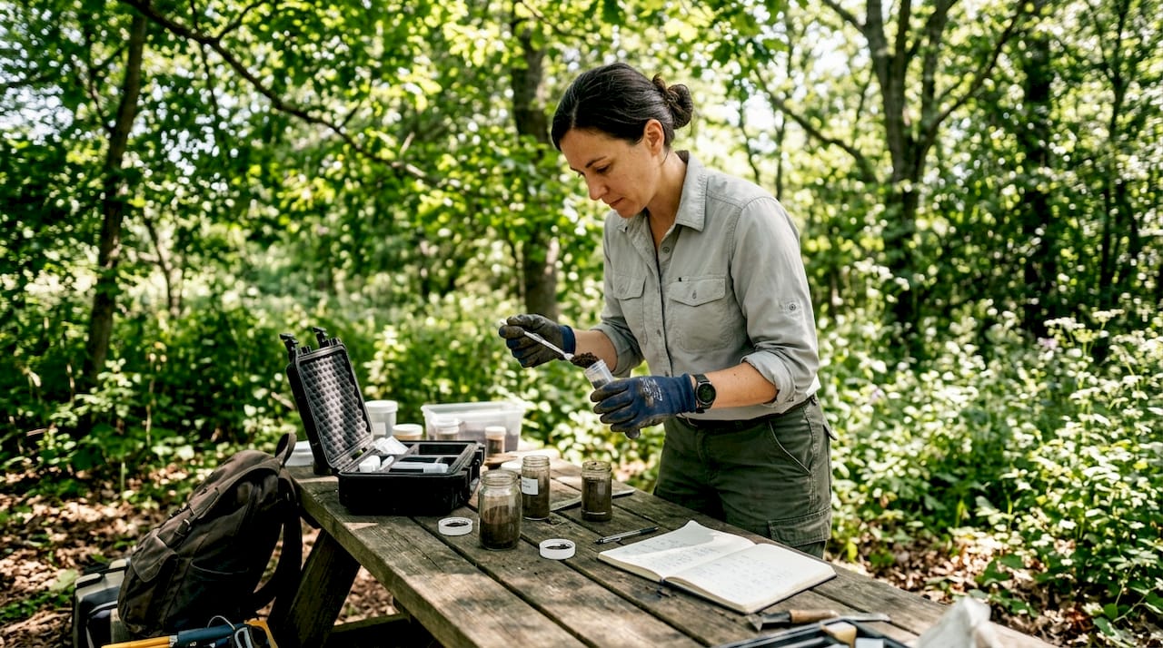 Hands testing soil samples in field lab