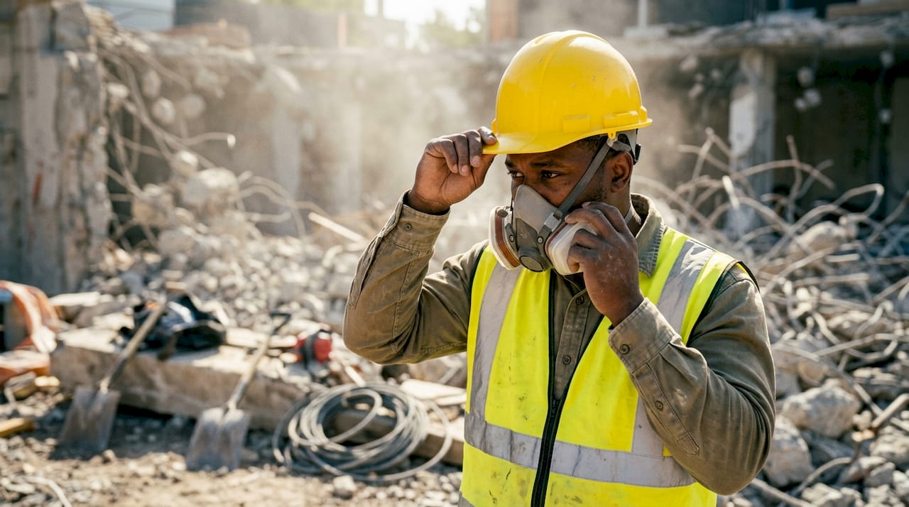 Hands adjusting helmet and respirator straps