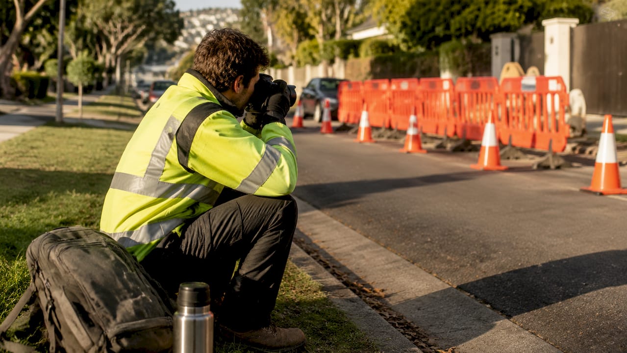 Close-up of worker photographing road safety barriers