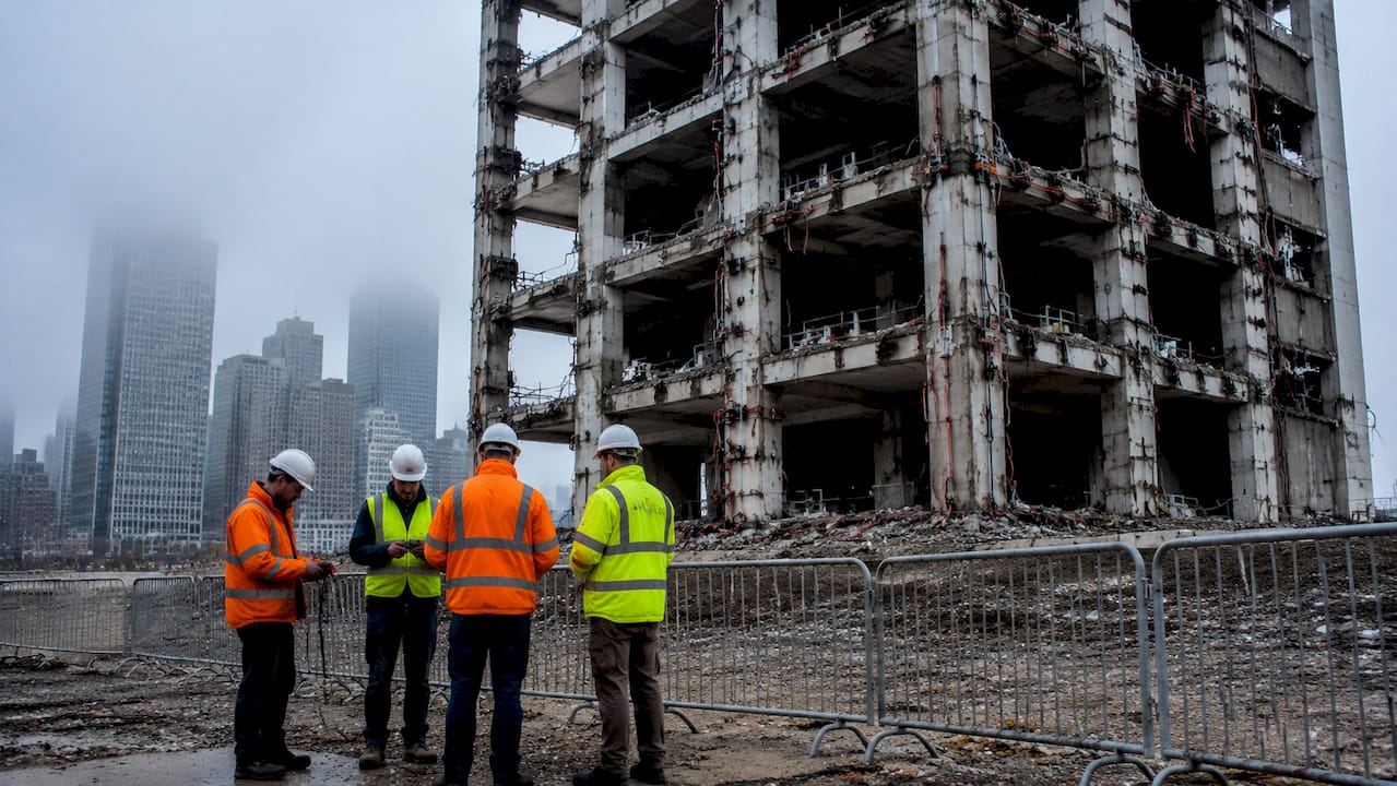 Urban demolition site with explosives and team