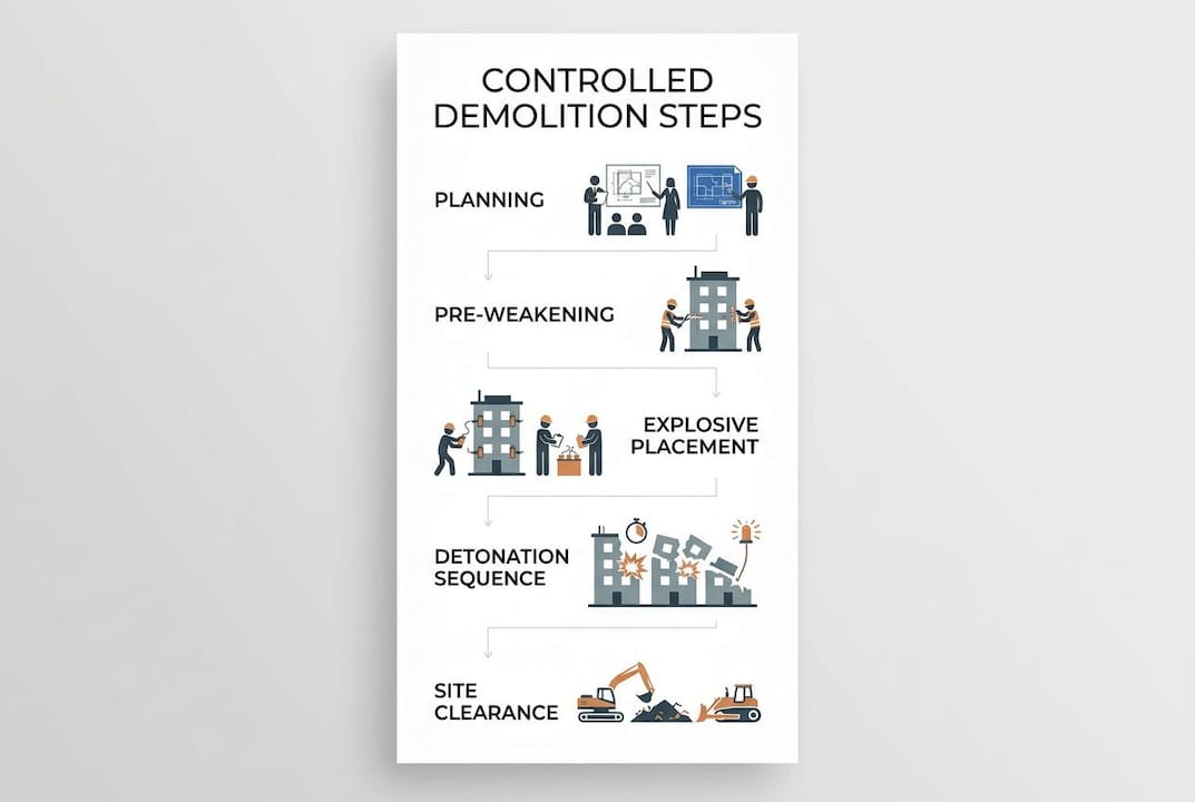Infographic showing controlled demolition steps