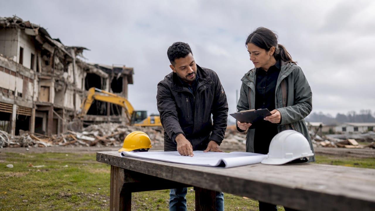 Construction team discussing demolition stages outdoors