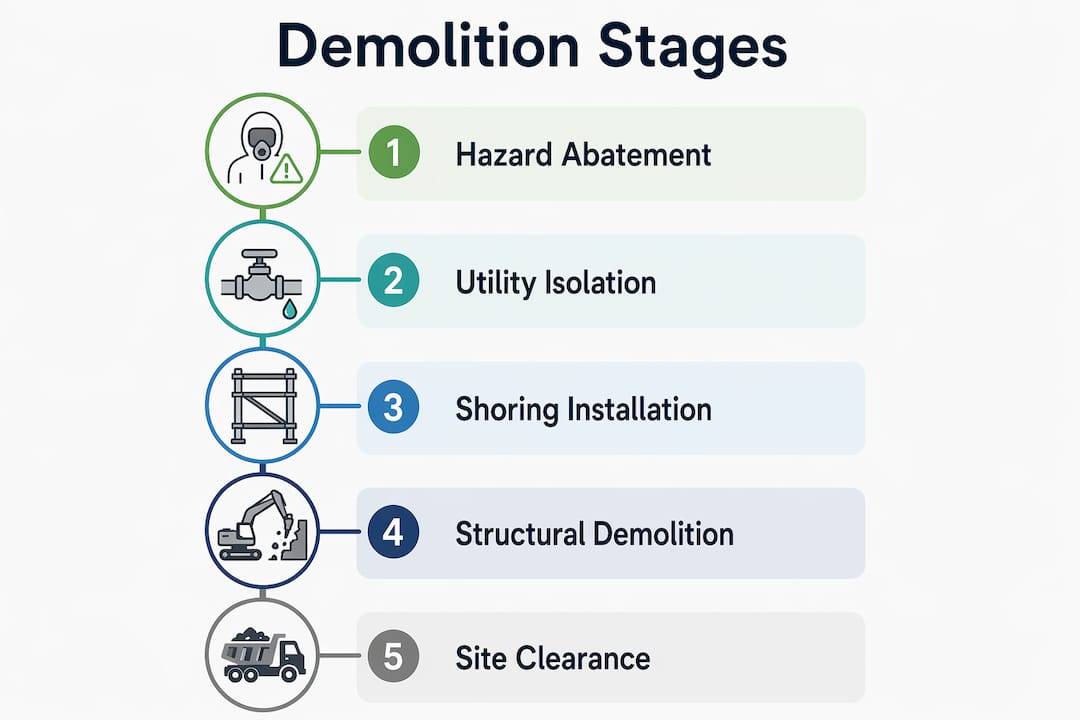 Infographic illustrating key demolition sequence stages