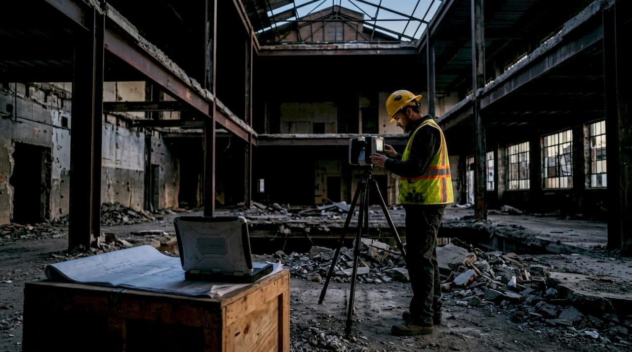 Technician using 3D laser scanner in strip-out area