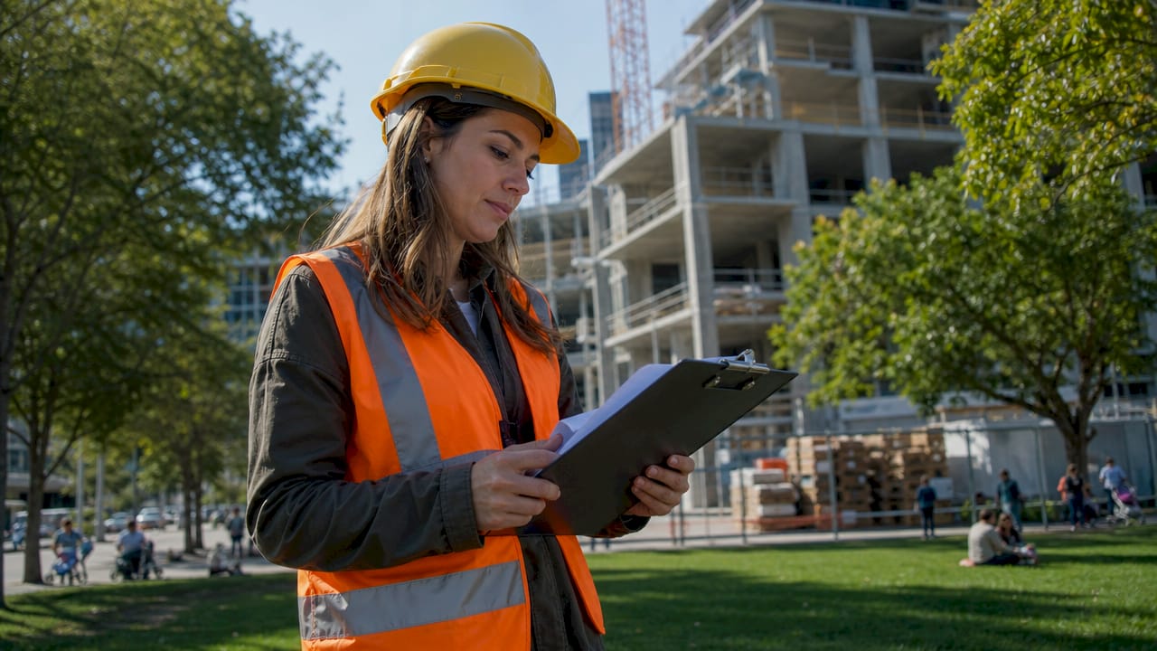 Building inspector reviewing checklist at construction site