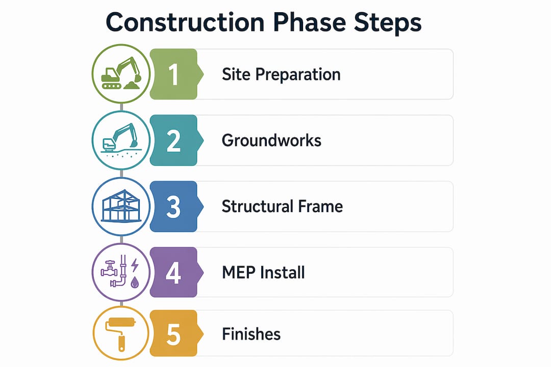 Infographic showing construction phase timeline steps