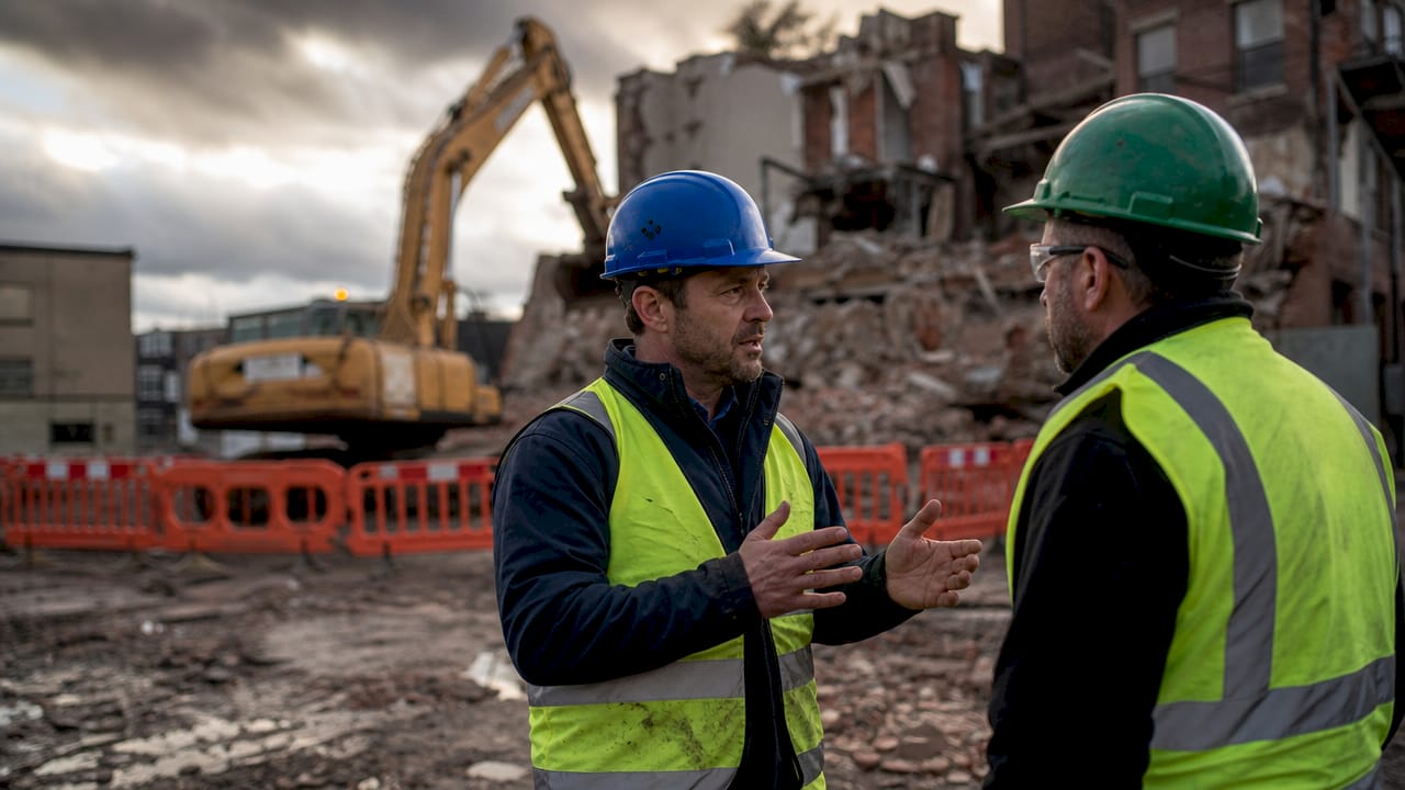 Safety officer and contractor at demolition site