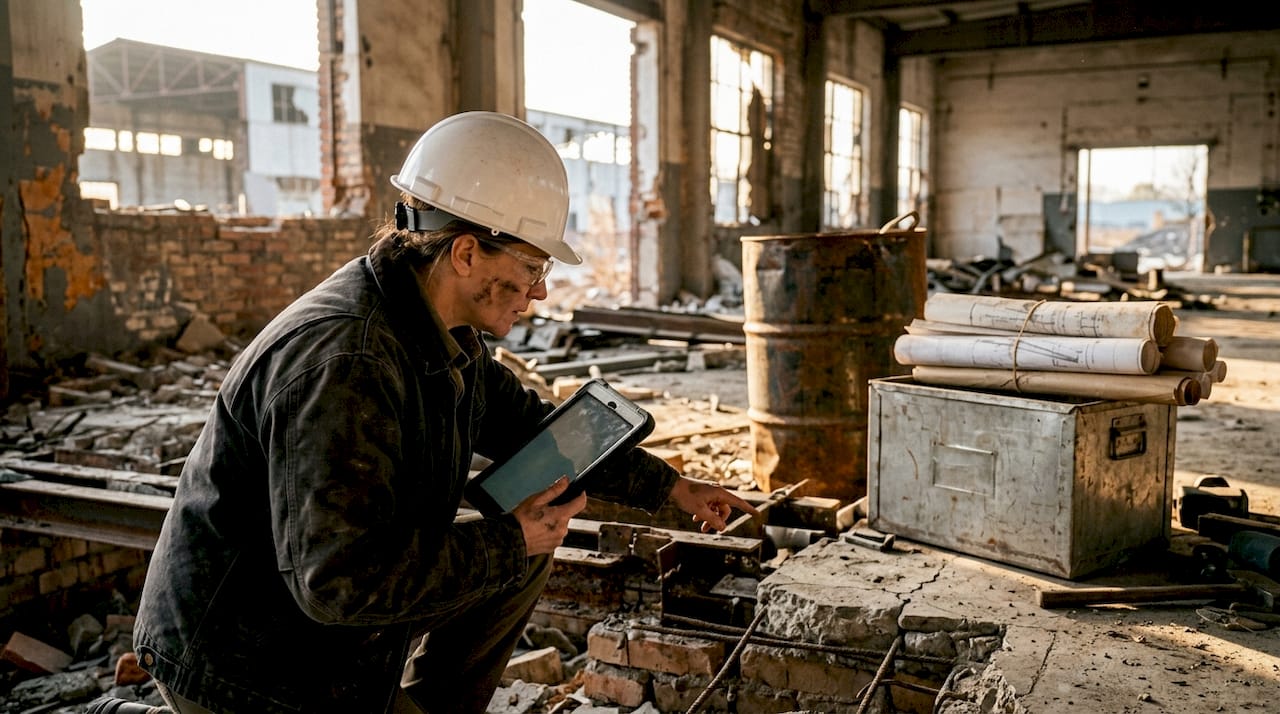Project manager reviewing demolition structure onsite