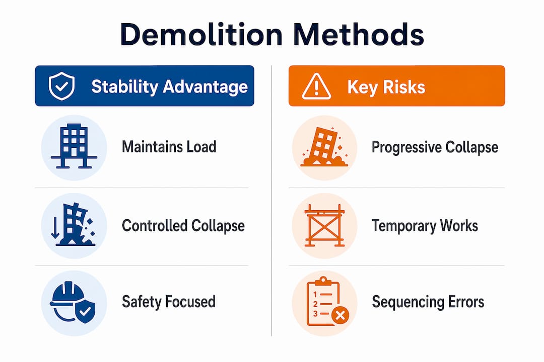 Infographic comparing demolition methods stability and risks