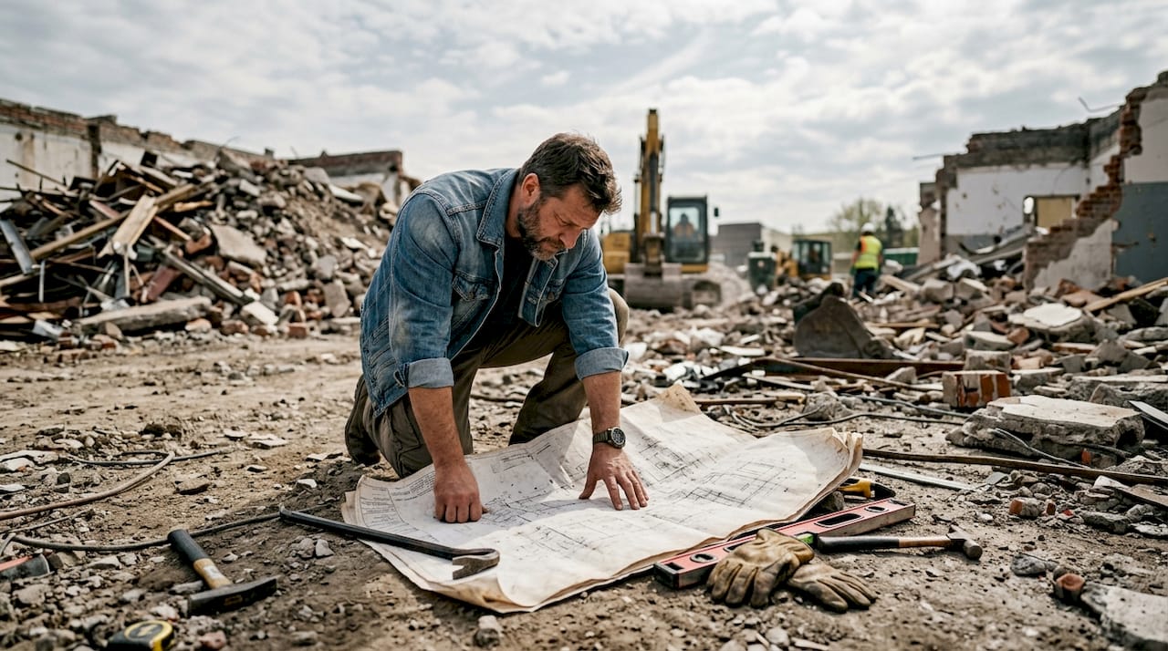 Contractor reviewing demolition structural drawings