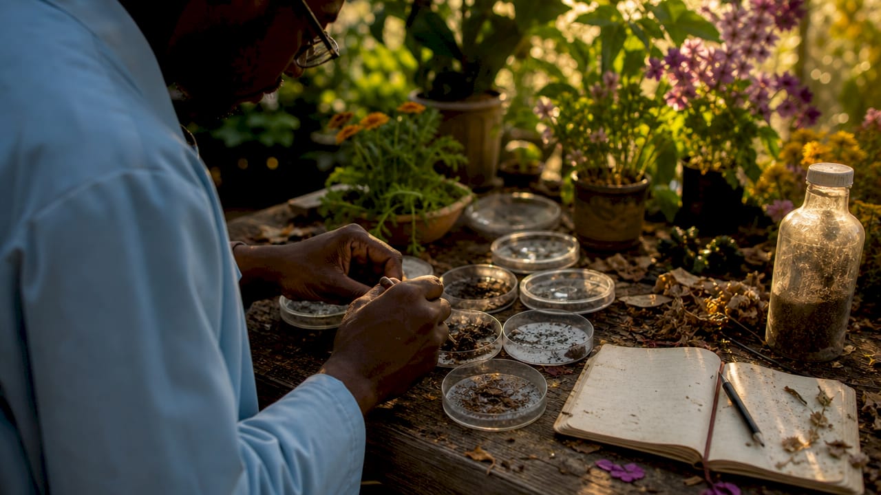 Researcher working with bio-cementation samples in lab