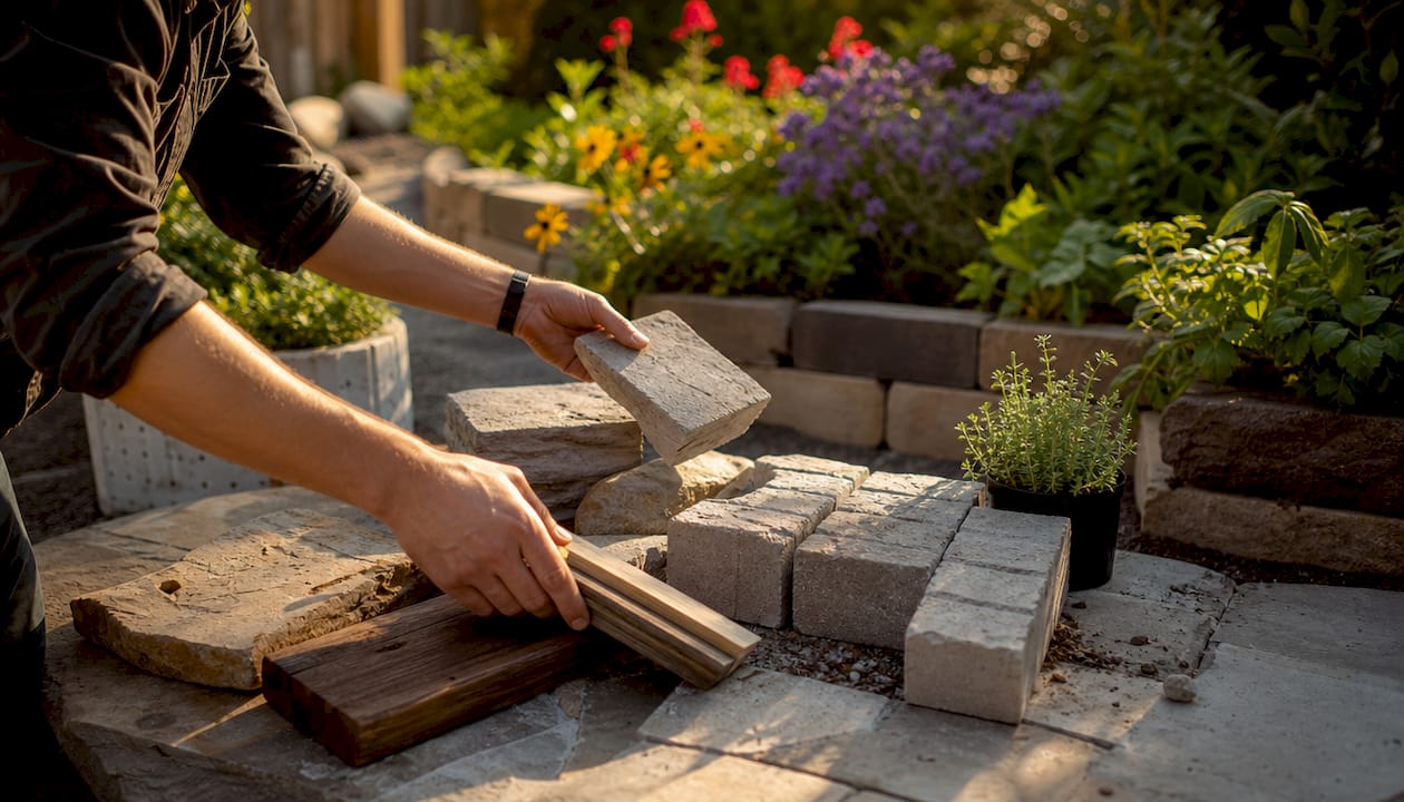 Hands examining retaining wall materials samples