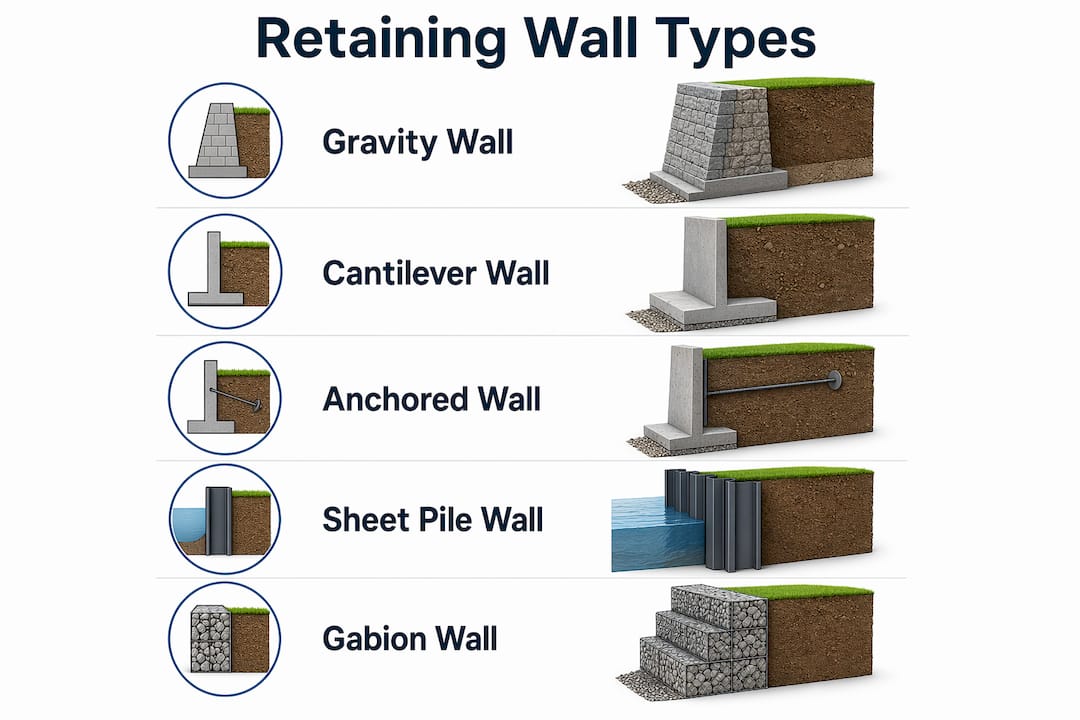Infographic illustrating types of retaining walls in Cambridge