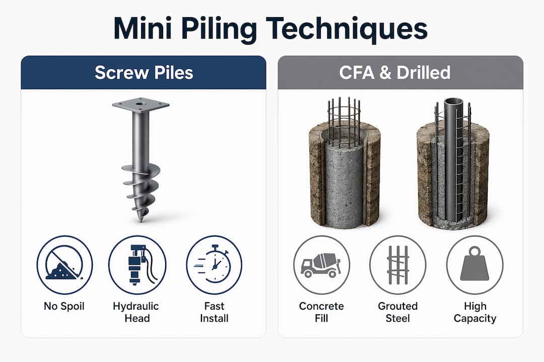 Infographic comparing screw piles and CFA drilled piling techniques