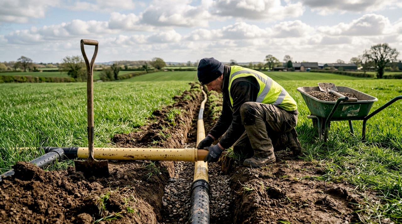 Close-up of drainage pipe installation in field trench