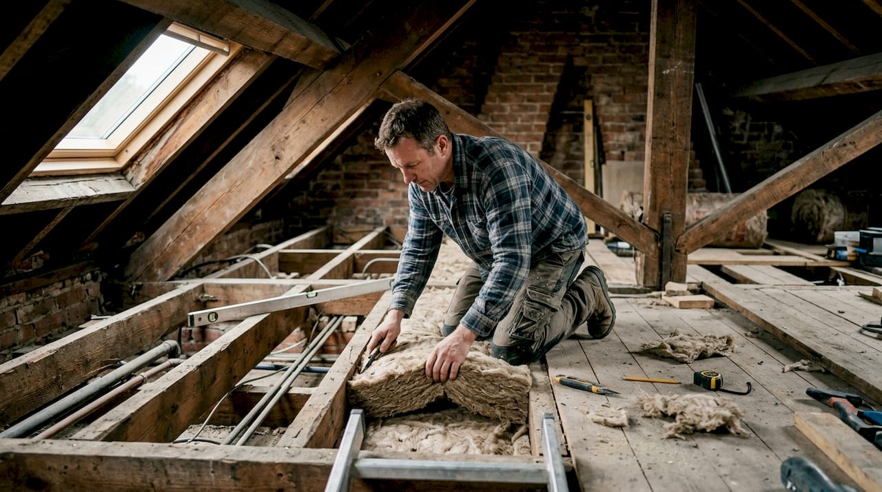 Carpenter fitting insulation between timber floor joists