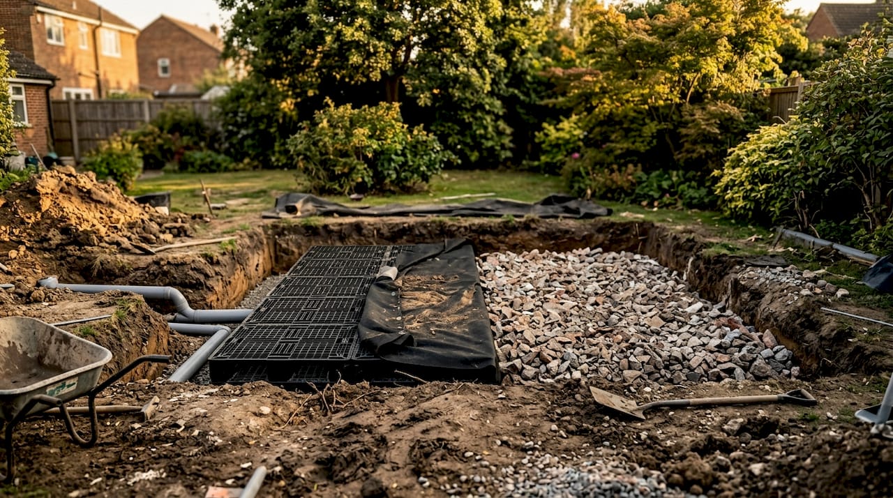 Close-up of soakaway crates and rubble pit components
