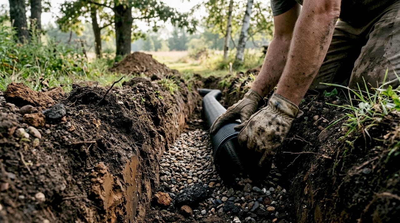 Close-up of hands installing subsurface drainage pipe trench