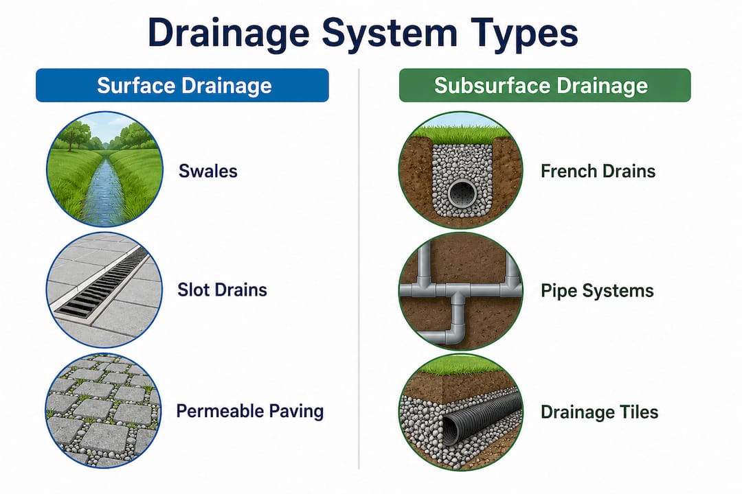 Infographic comparing surface and subsurface drainage systems
