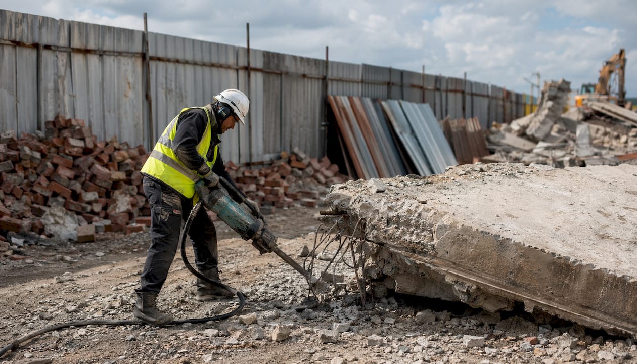Worker using hydraulic splitter on concrete wall