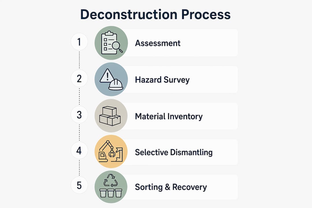 Infographic outlining steps in building deconstruction process