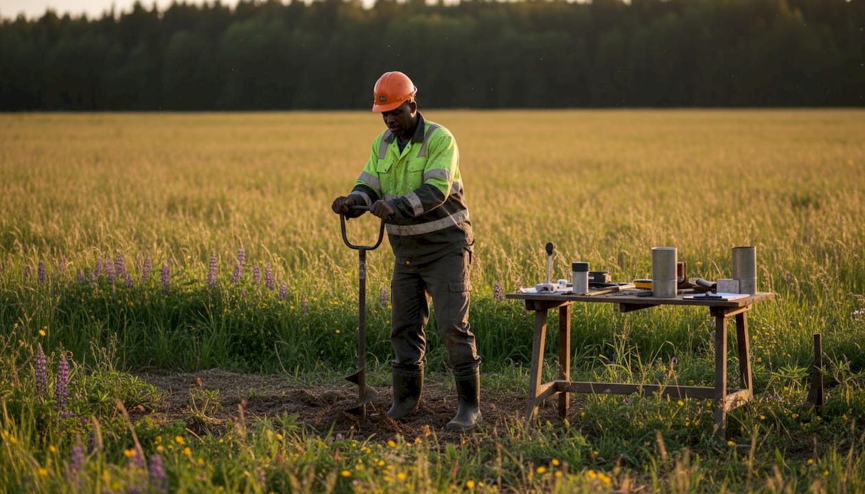 Engineer performing soil test with auger at site