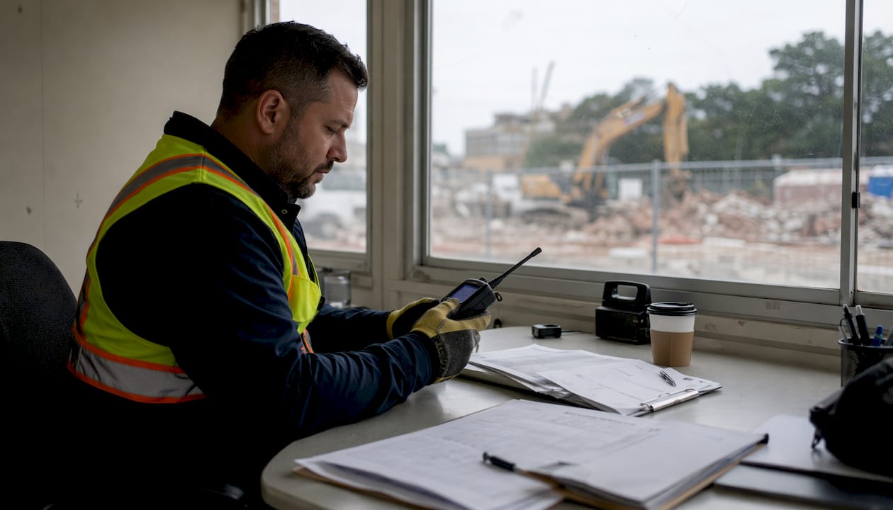 Hands holding environmental monitoring device on demolition site