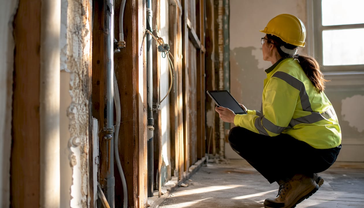 Engineer identifying defects behind stripped wall panels