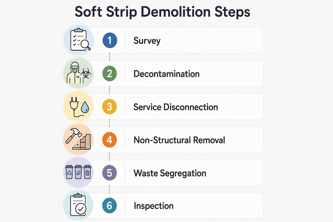 Infographic illustrating soft strip demolition step-by-step process
