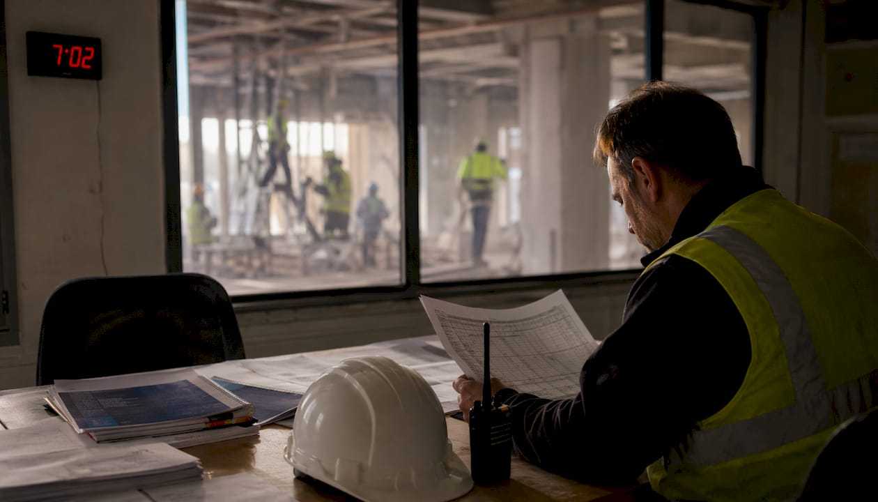 Supervisor reviewing schedule for live site strip out