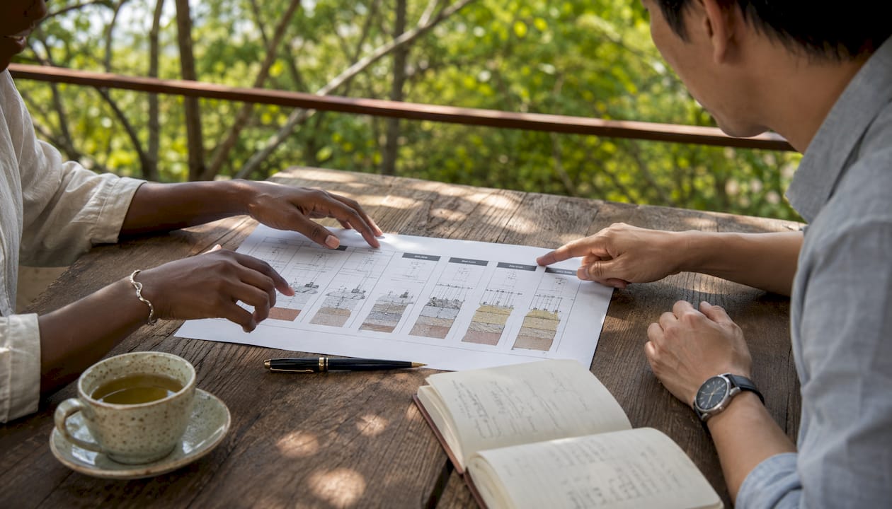 Hands discussing foundation types over documents