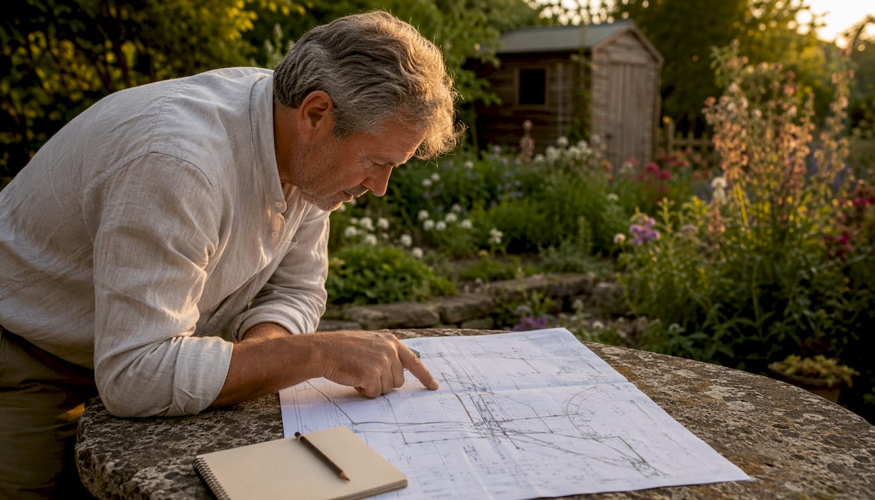 Man planning garden drainage pipe layout
