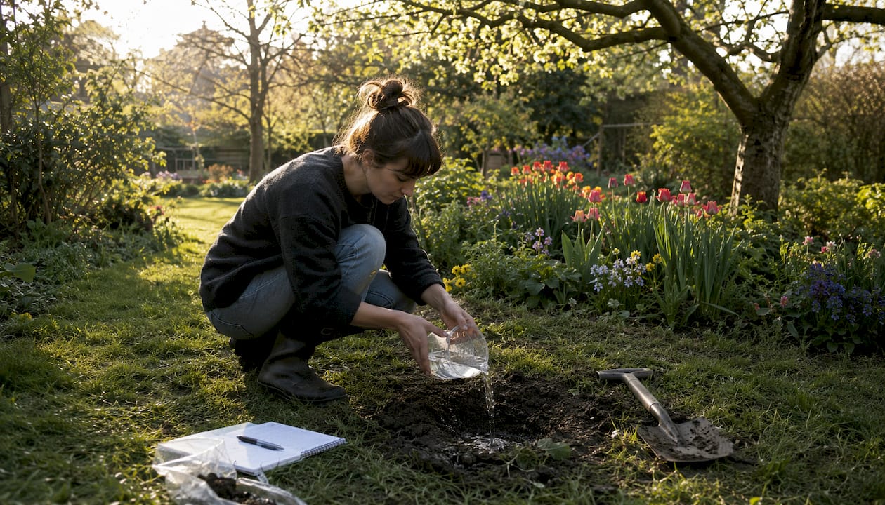 Woman testing garden soil drainage