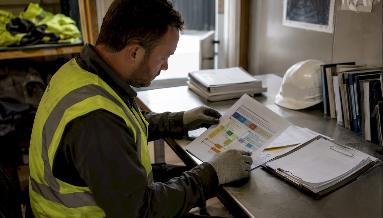 Hands sorting construction waste classification sheets